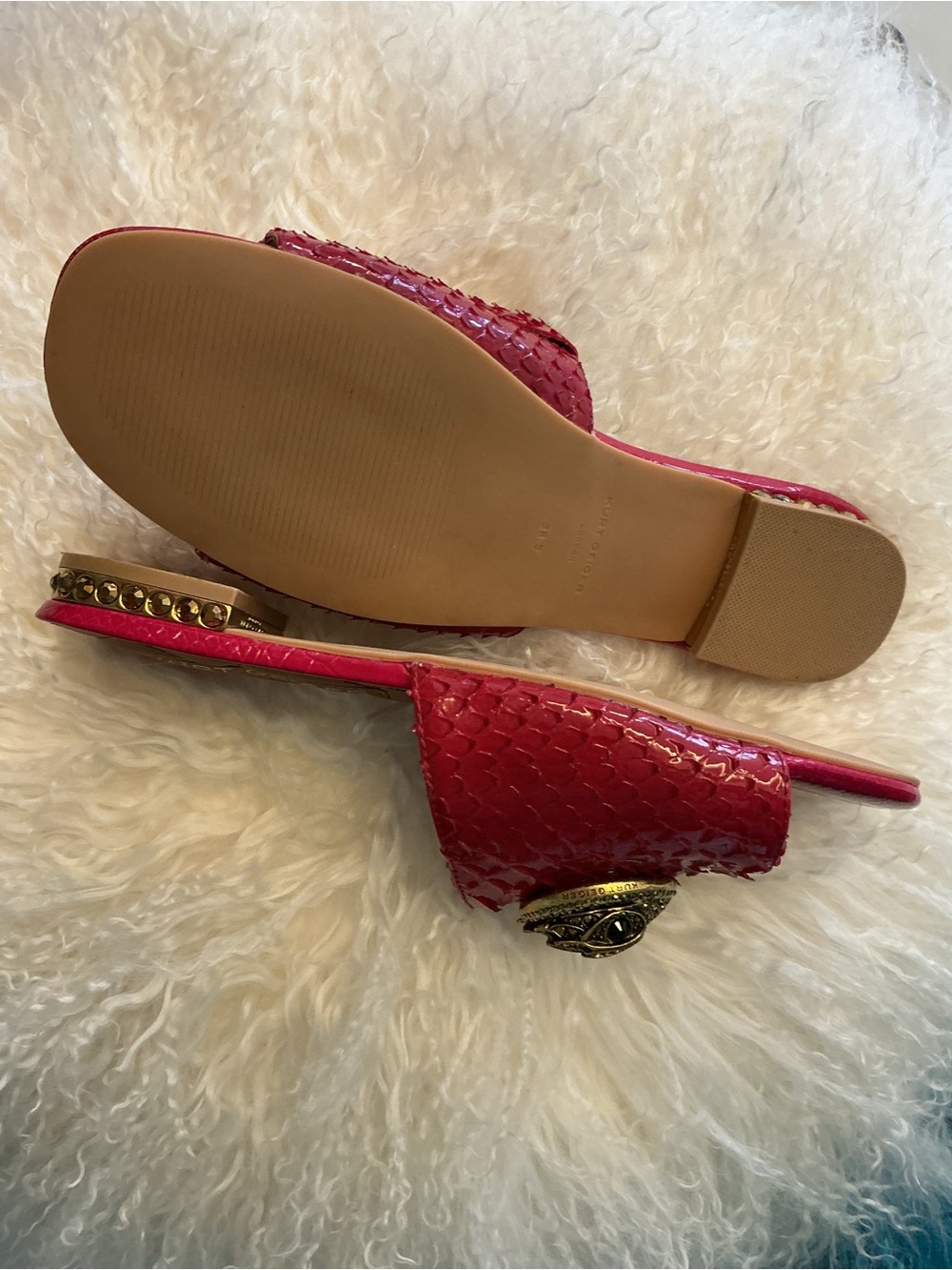 Kurt Geiger Hot Pink Embossed Slide Sandals with Ornate Gold Buckle - Picture 5 of 6